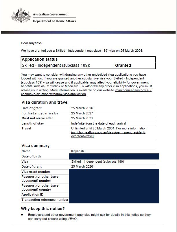 Client visa document (personal details hidden)